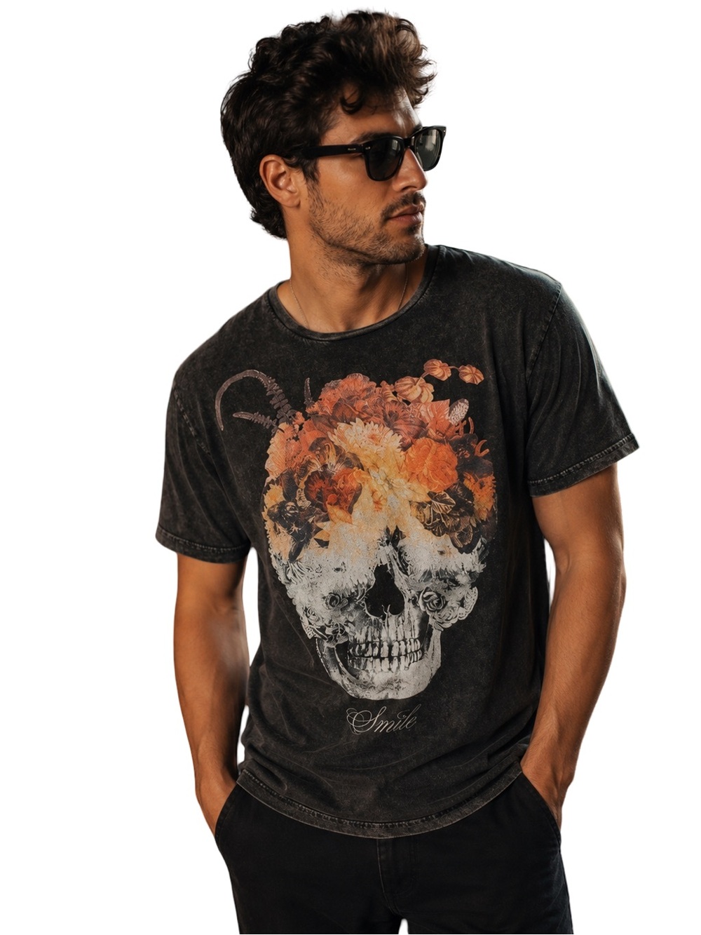 Insight Mens Skull T Shirt Deadhead Floyd Black Mineral Wash Distressed Goth M